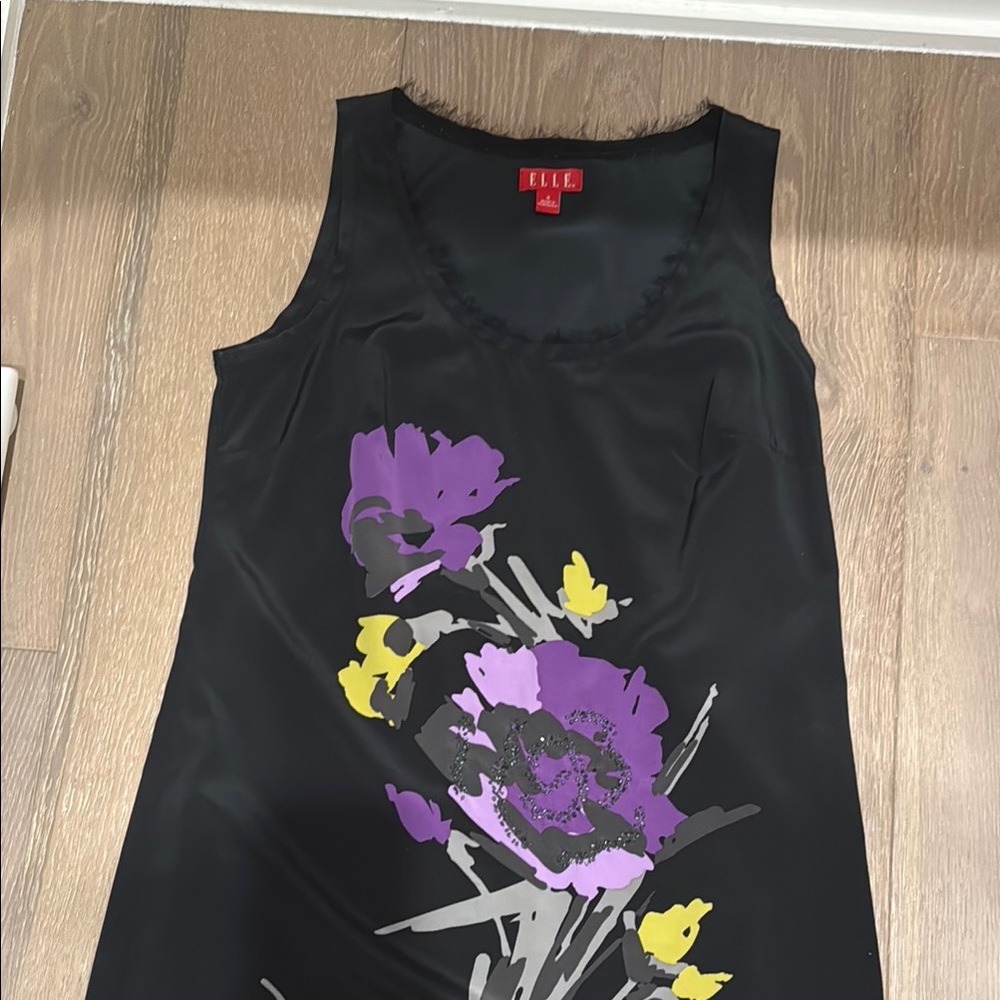 Elle Black Silk Dress Purple and Yellow Floral Design with Beads & Fringe Sz S